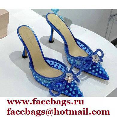 Mach & Mach Heel 8.5cm Crystal Double Bow Pointed Toe Mules PVC Blue 2022 - Click Image to Close
